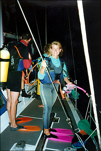 Very relaxed (not!) Ursula about to do her first night dive -- Great Barrier Reef, Australia