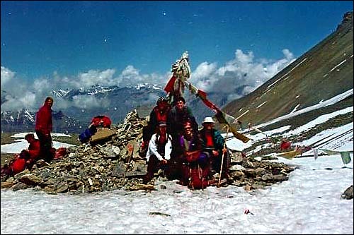 The brave explorers at 5416m. My camera next! -- Thorung La, Nepal