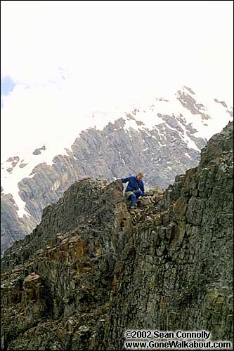 Jo climbing _down_ to Yanajanca pass (15,088') -- Cordillera Blanca, Peru